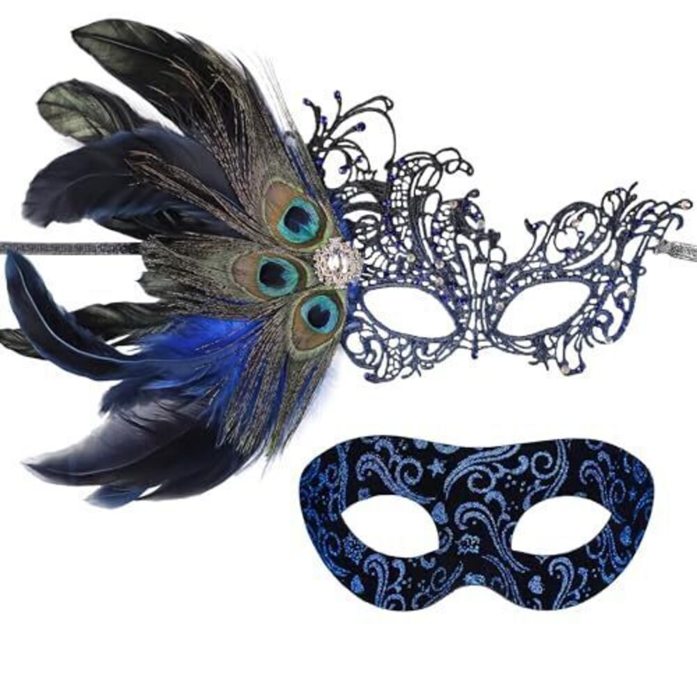 9308 Blue Masquerade Mask for Couple - 2 Pcs Halloween Peacock Feathers
